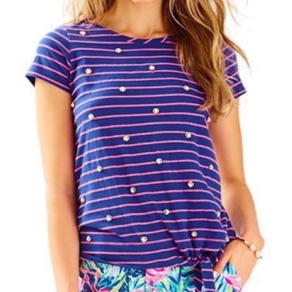 EUC Lilly Pulitzer Kensington Beaded Top True Blue Palm Stripe- tie front